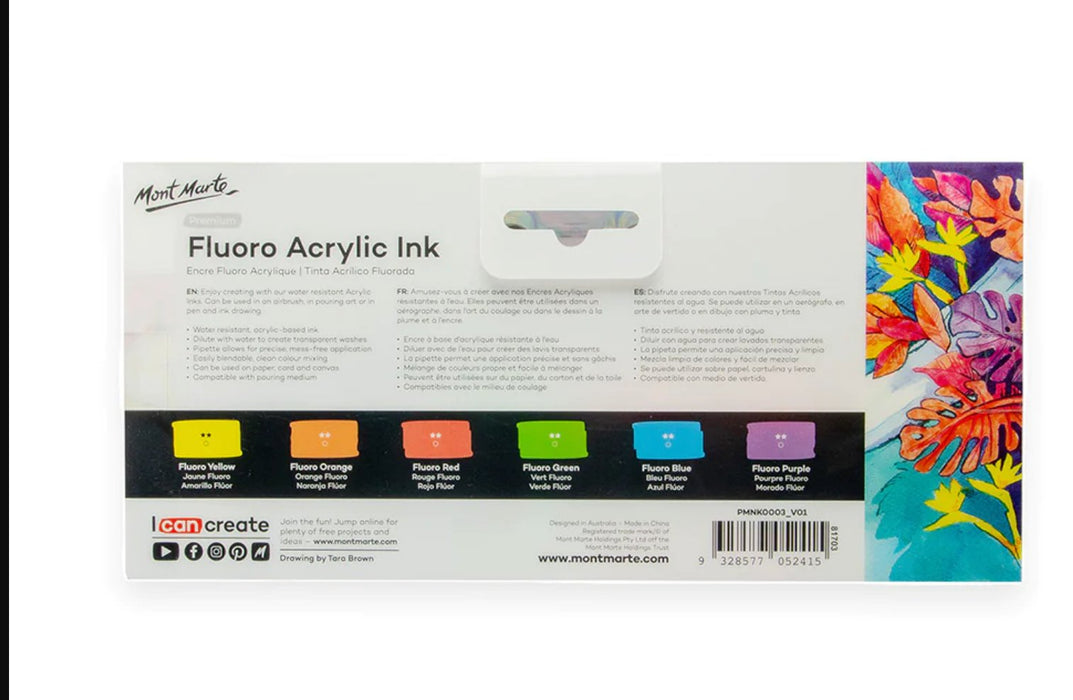 Fluoro Acrylic Ink Premium 6pc x 20ml - Handy Mandy Craft Store