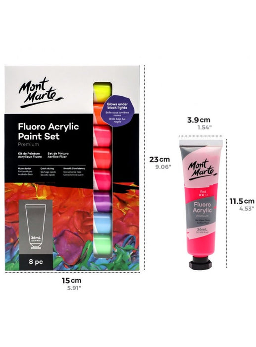 Fluoro Acrylic Paint Set Premium 8pc x 36ml - Handy Mandy Craft Store