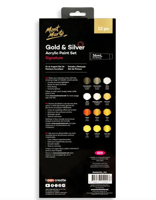 Gold and Silver Acrylic Paint Set Signature 12pc x 36ml - Handy Mandy Craft Store