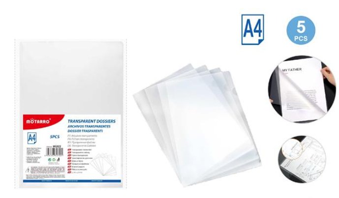Motara Transparent Dossiers A4 5pcs / A4 Clear L Pockets 5 pack - Handy Mandy Craft Store
