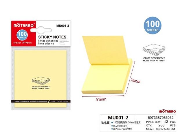 Sticky post it notes Notes 76x76mm 100 Sheets - Handy Mandy Craft Store